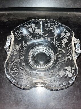 Cambridge “Elaine” Etched Glass Footed Two Handle Basket Candy Dish 6.5" Bowl